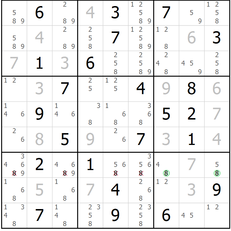 Position des candidats pour la solution de la Gr 48 page 51 du magazine de sudoku Suprême n° 034