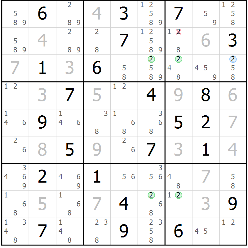 Position des candidats pour la solution de la Gr 48 page 51 du magazine de sudoku Suprême n° 034
