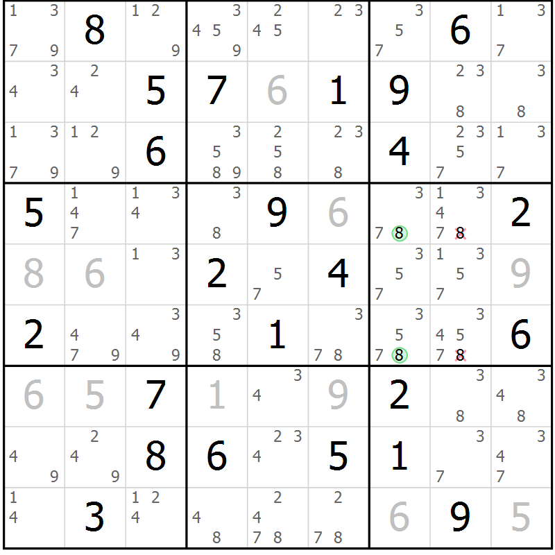 Position des candidats pour la solution de la Gr 49 page 52 du magazine de sudoku Suprême n° 034