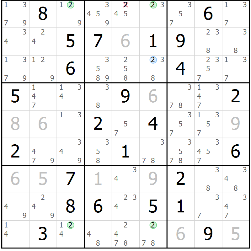Position des candidats pour la solution de la Gr 49 page 52 du magazine de sudoku Suprême n° 034