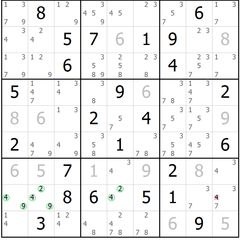 Position des candidats pour la solution de la Gr 49 page 52 du magazine de sudoku Suprême n° 034