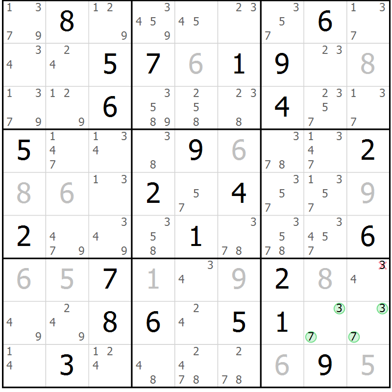 Position des candidats pour la solution de la Gr 49 page 52 du magazine de sudoku Suprême n° 034