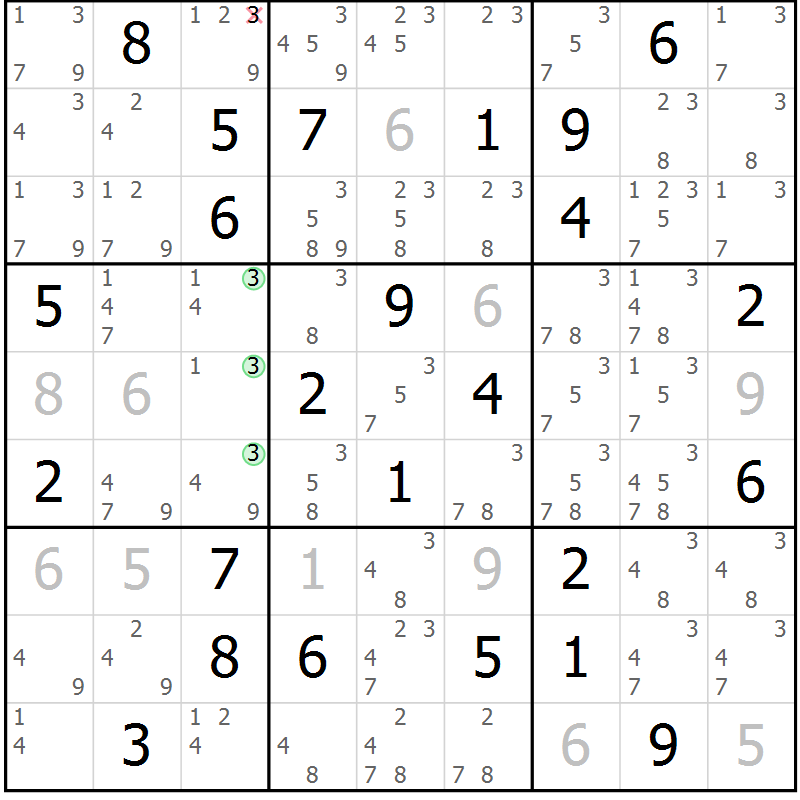 Position des candidats pour la solution de la Gr 49 page 52 du magazine de sudoku Suprême n° 034