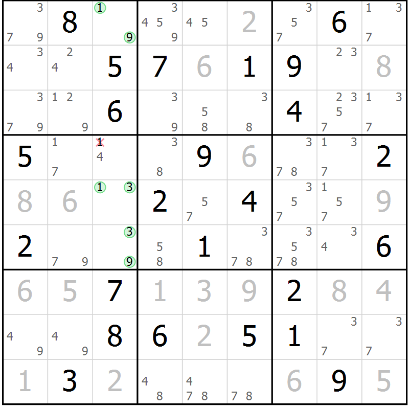 Position des candidats pour la solution de la Gr 49 page 52 du magazine de sudoku Suprême n° 034