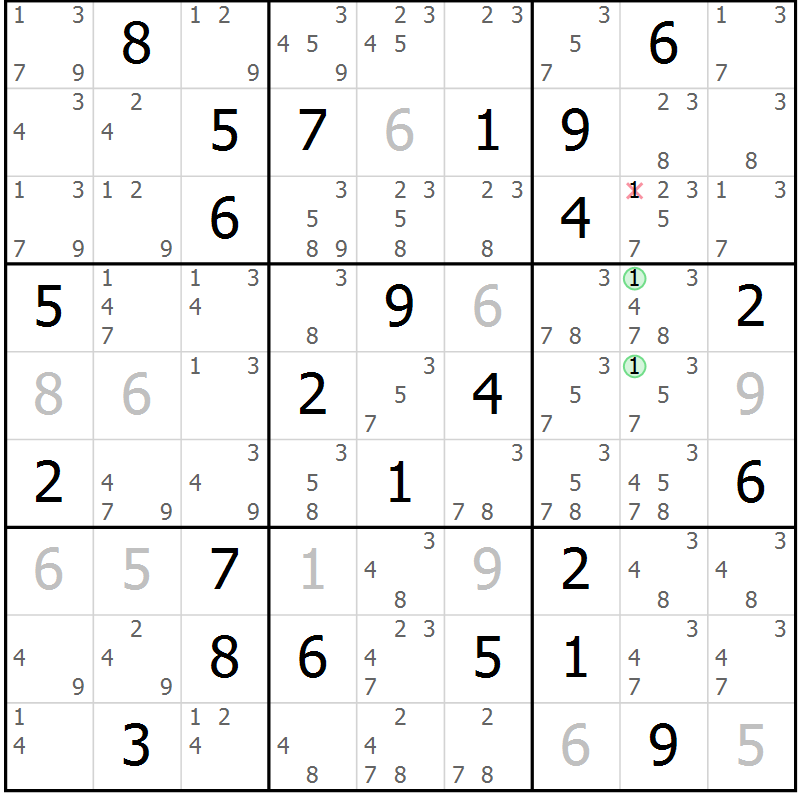 Position des candidats pour la solution de la Gr 49 page 52 du magazine de sudoku Suprême n° 034