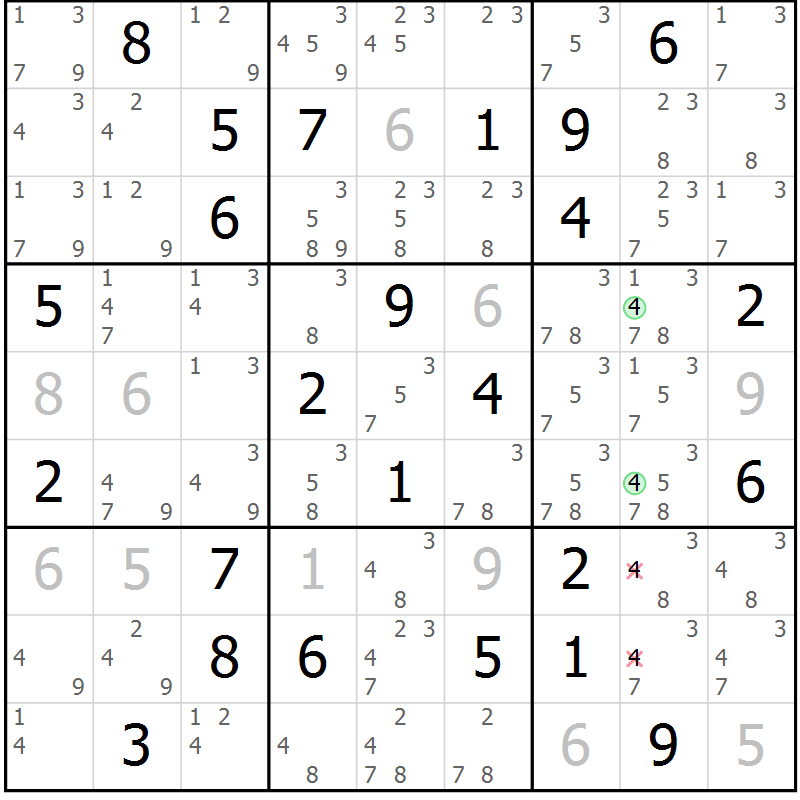 Position des candidats pour la solution de la Gr 49 page 52 du magazine de sudoku Suprême n° 034