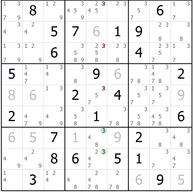 Position des candidats pour la solution de la Gr 49 page 52 du magazine de sudoku Suprême n° 034