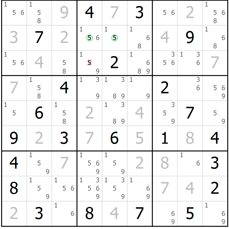 Position des candidats pour la solution de la Gr 5 page 8 du magazine de sudoku Suprême n° 034