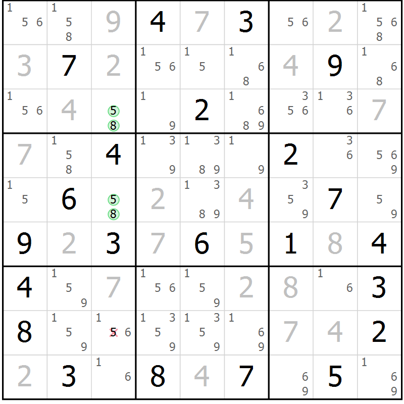 Position des candidats pour la solution de la Gr 5 page 8 du magazine de sudoku Suprême n° 034