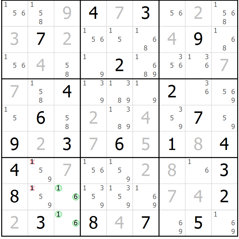 Position des candidats pour la solution de la Gr 5 page 8 du magazine de sudoku Suprême n° 034