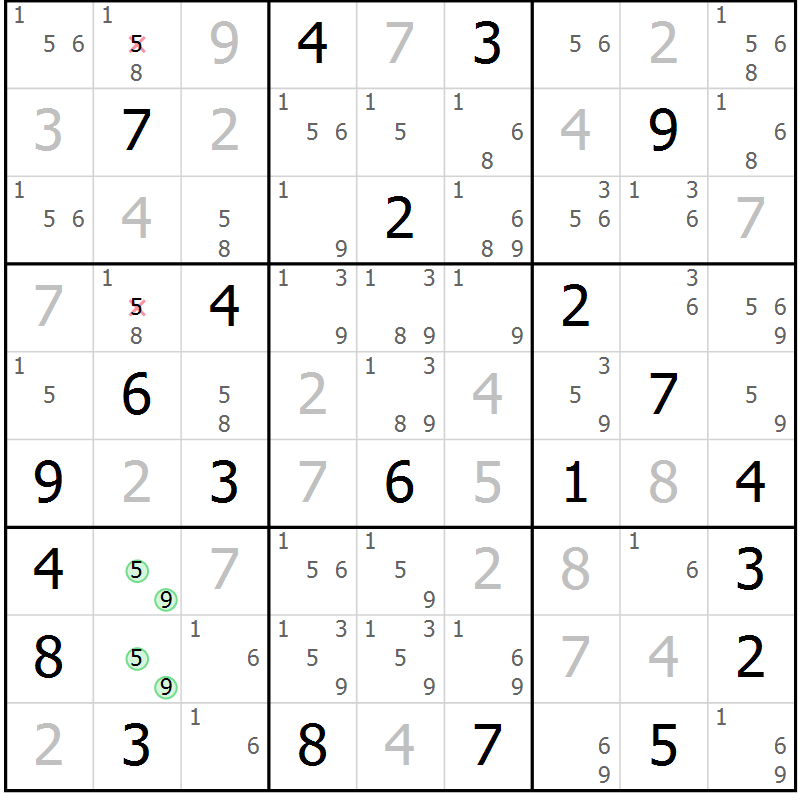 Position des candidats pour la solution de la Gr 5 page 8 du magazine de sudoku Suprême n° 034