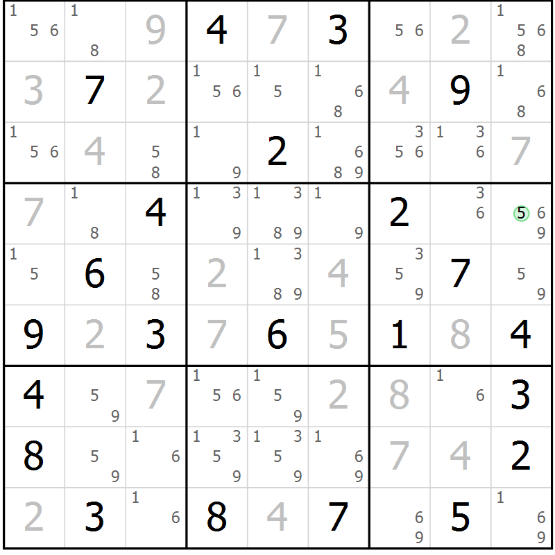 Position des candidats pour la solution de la Gr 5 page 8 du magazine de sudoku Suprême n° 034