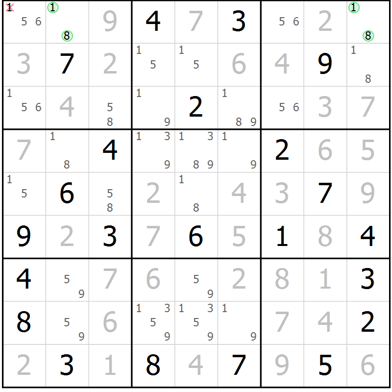 Position des candidats pour la solution de la Gr 5 page 8 du magazine de sudoku Suprême n° 034