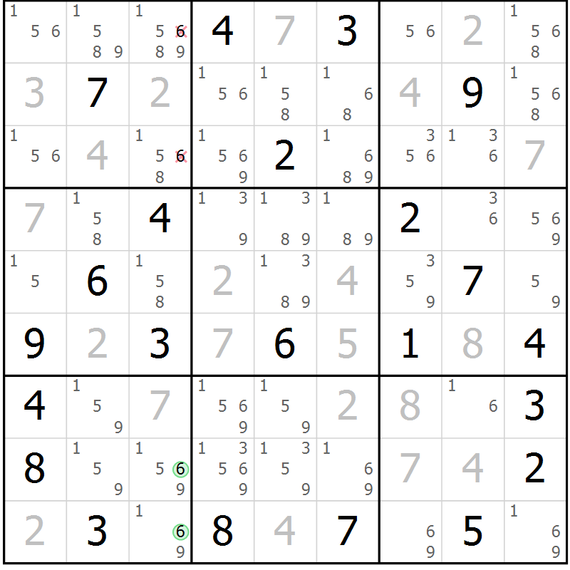 Position des candidats pour la solution de la Gr 5 page 8 du magazine de sudoku Suprême n° 034