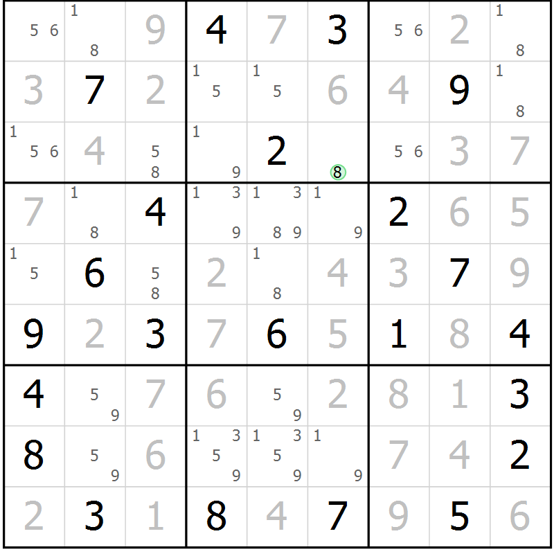 Position des candidats pour la solution de la Gr 5 page 8 du magazine de sudoku Suprême n° 034