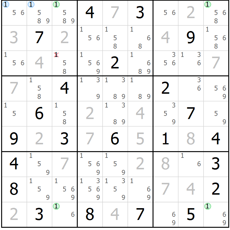 Position des candidats pour la solution de la Gr 5 page 8 du magazine de sudoku Suprême n° 034