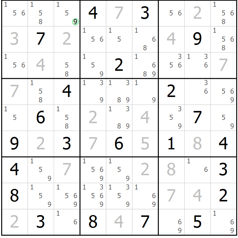 Position des candidats pour la solution de la Gr 5 page 8 du magazine de sudoku Suprême n° 034