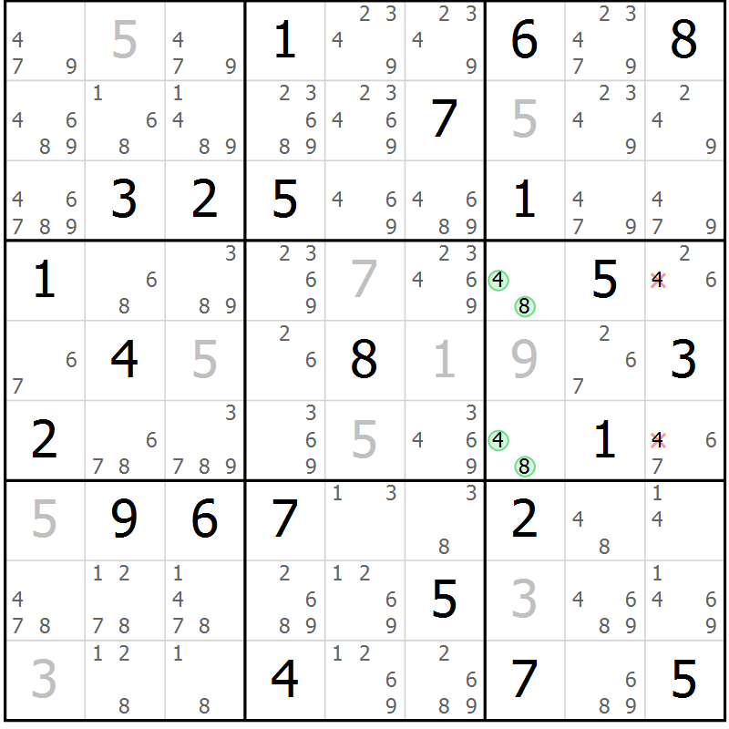 Position des candidats pour la solution de la Gr 50 page 53 du magazine de sudoku Suprême n° 034