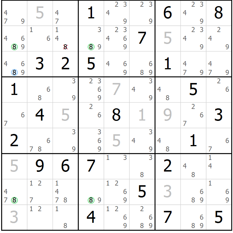 Position des candidats pour la solution de la Gr 50 page 53 du magazine de sudoku Suprême n° 034