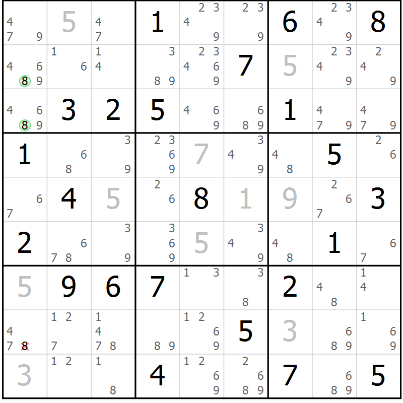 Position des candidats pour la solution de la Gr 50 page 53 du magazine de sudoku Suprême n° 034
