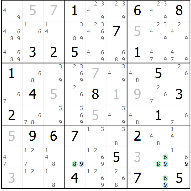 Position des candidats pour la solution de la Gr 50 page 53 du magazine de sudoku Suprême n° 034