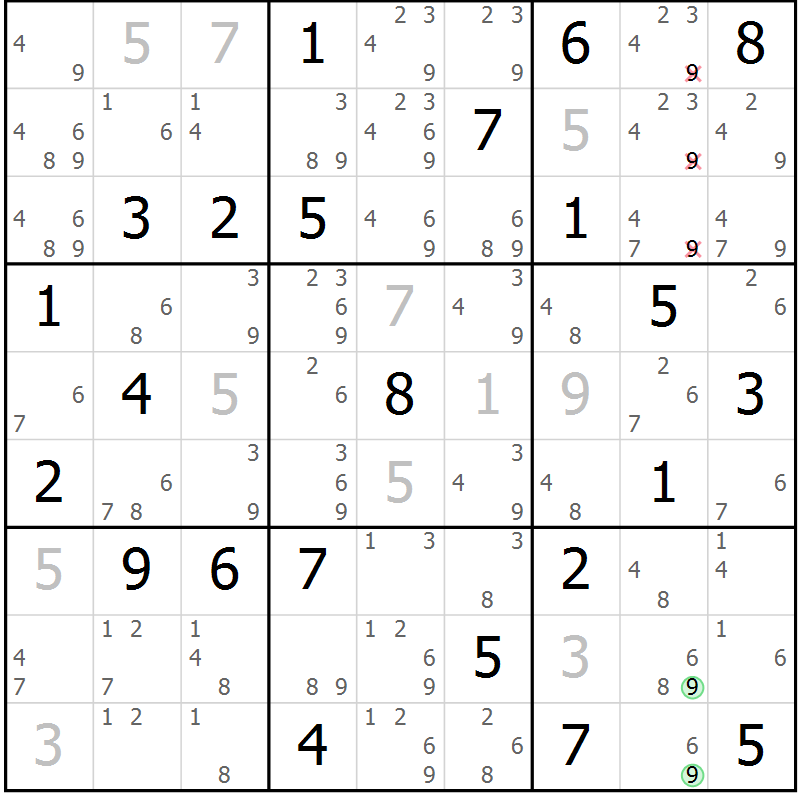 Position des candidats pour la solution de la Gr 50 page 53 du magazine de sudoku Suprême n° 034