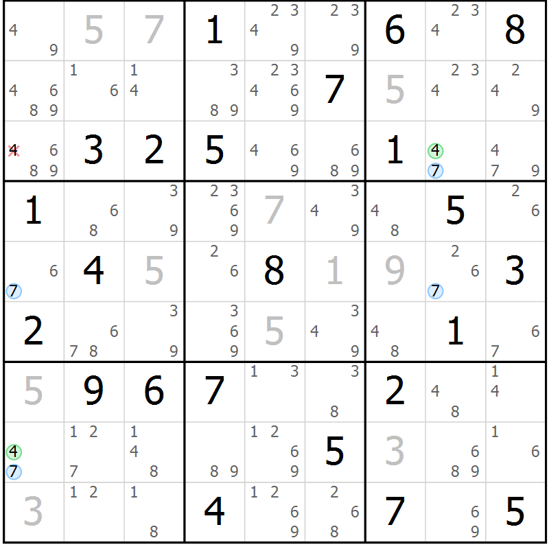 Position des candidats pour la solution de la Gr 50 page 53 du magazine de sudoku Suprême n° 034