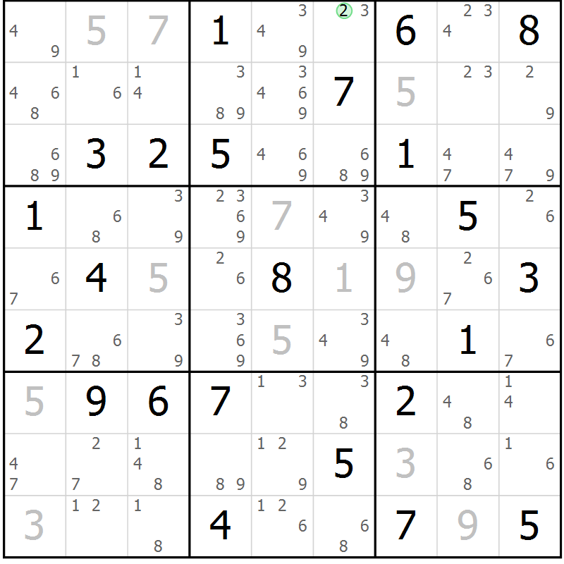 Position des candidats pour la solution de la Gr 50 page 53 du magazine de sudoku Suprême n° 034