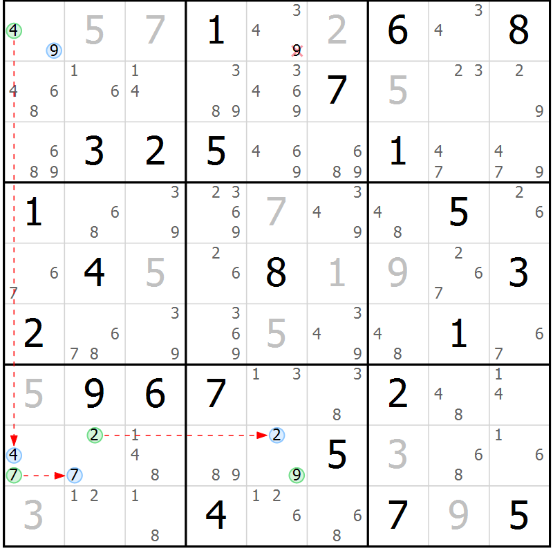Position des candidats pour la solution de la Gr 50 page 53 du magazine de sudoku Suprême n° 034