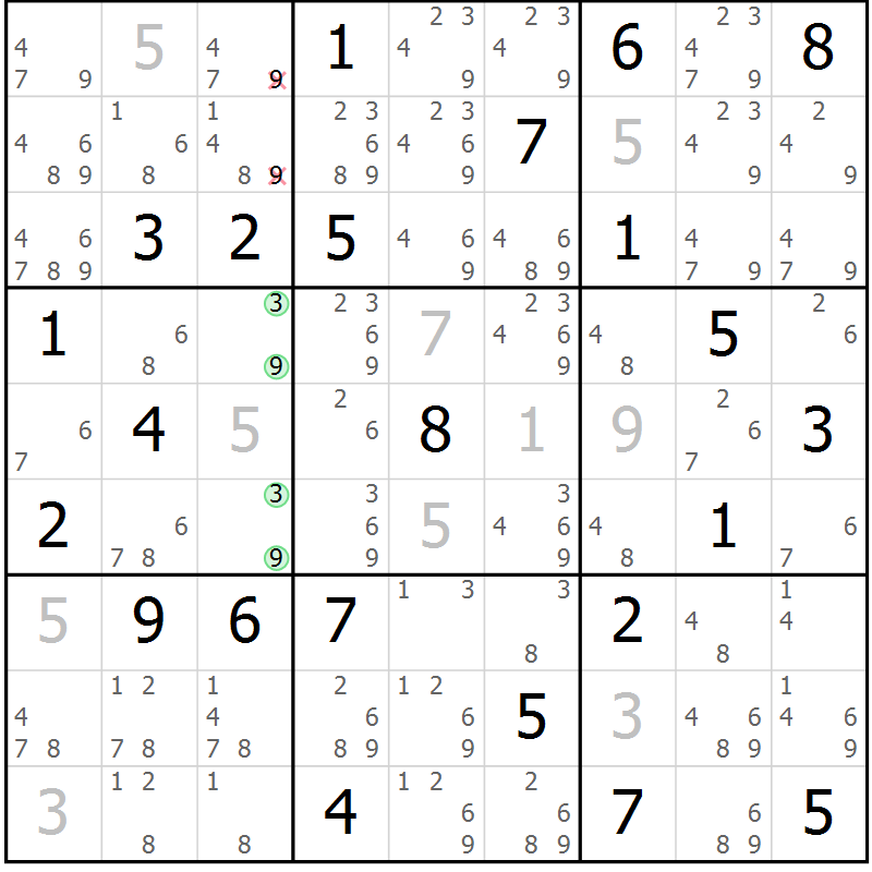 Position des candidats pour la solution de la Gr 50 page 53 du magazine de sudoku Suprême n° 034