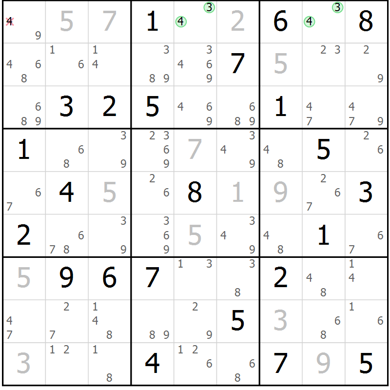 Position des candidats pour la solution de la Gr 50 page 53 du magazine de sudoku Suprême n° 034
