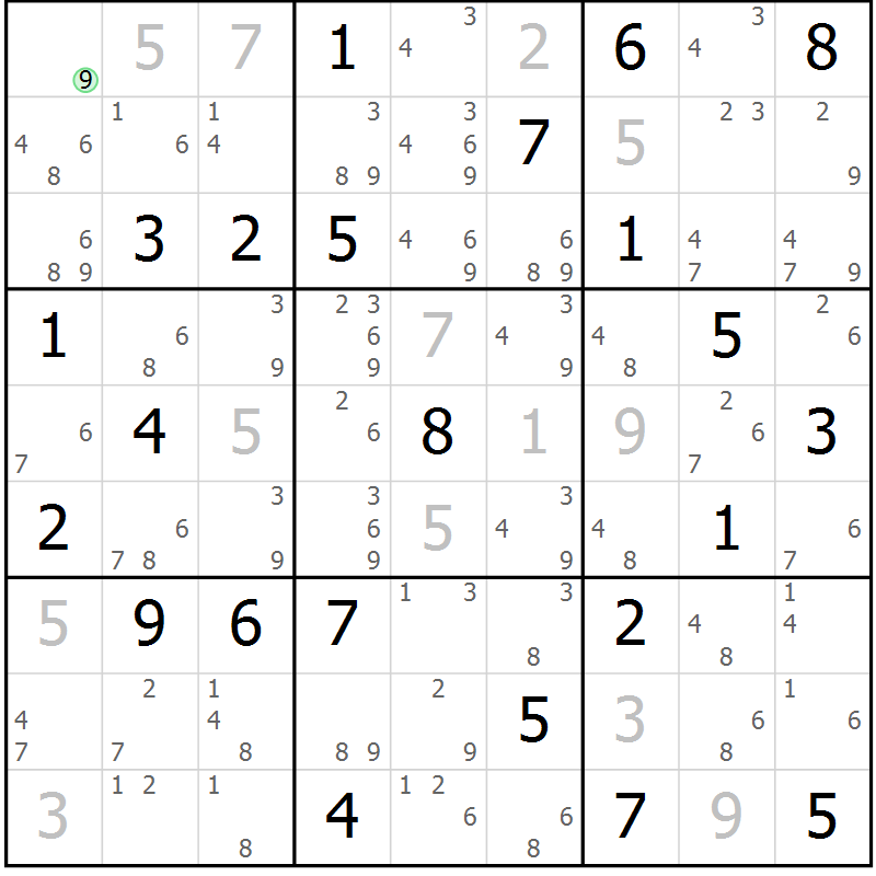 Position des candidats pour la solution de la Gr 50 page 53 du magazine de sudoku Suprême n° 034