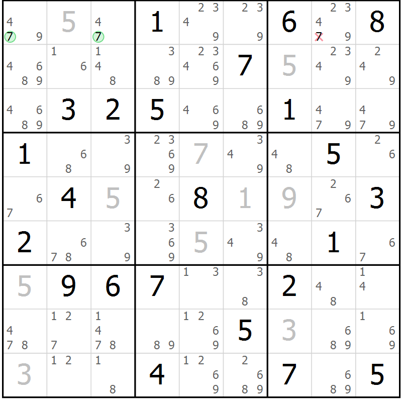 Position des candidats pour la solution de la Gr 50 page 53 du magazine de sudoku Suprême n° 034
