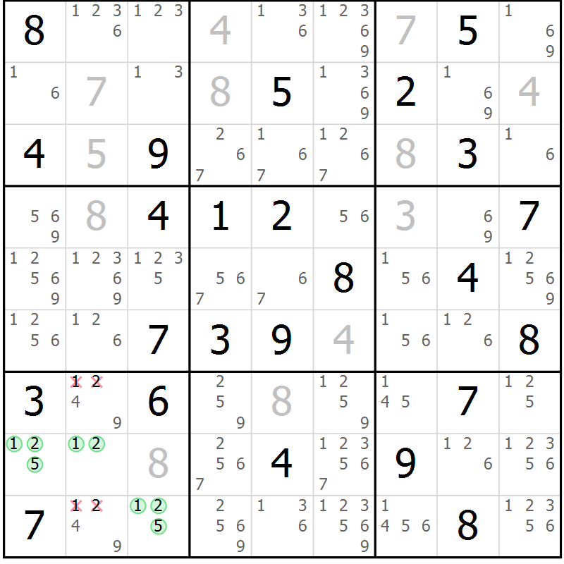 Position des candidats pour la solution de la Gr 51 page 54 du magazine de sudoku Suprême n° 034