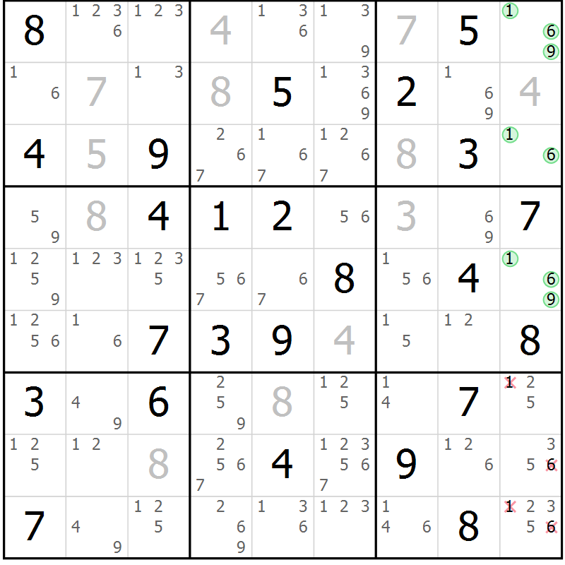 Position des candidats pour la solution de la Gr 51 page 54 du magazine de sudoku Suprême n° 034