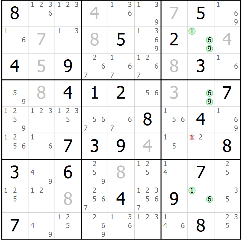 Position des candidats pour la solution de la Gr 51 page 54 du magazine de sudoku Suprême n° 034