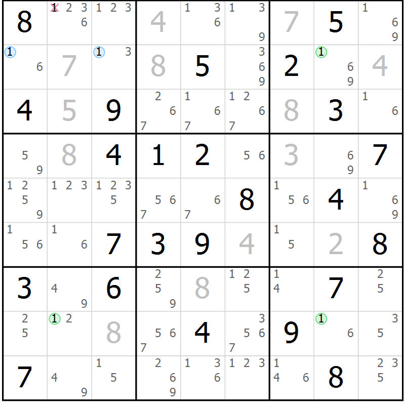 Position des candidats pour la solution de la Gr 51 page 54 du magazine de sudoku Suprême n° 034
