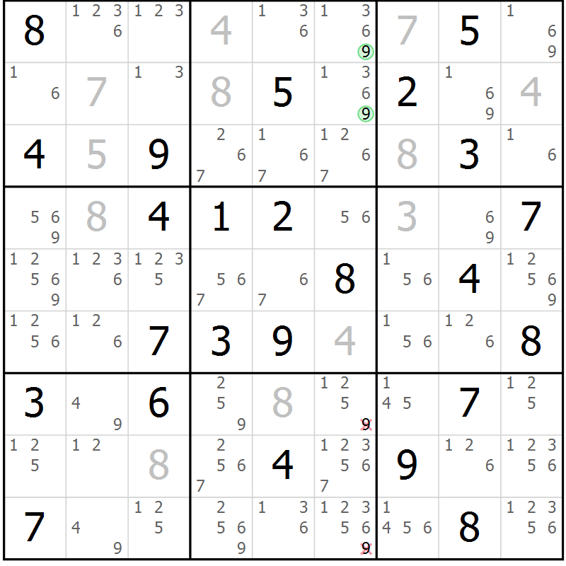 Position des candidats pour la solution de la Gr 51 page 54 du magazine de sudoku Suprême n° 034
