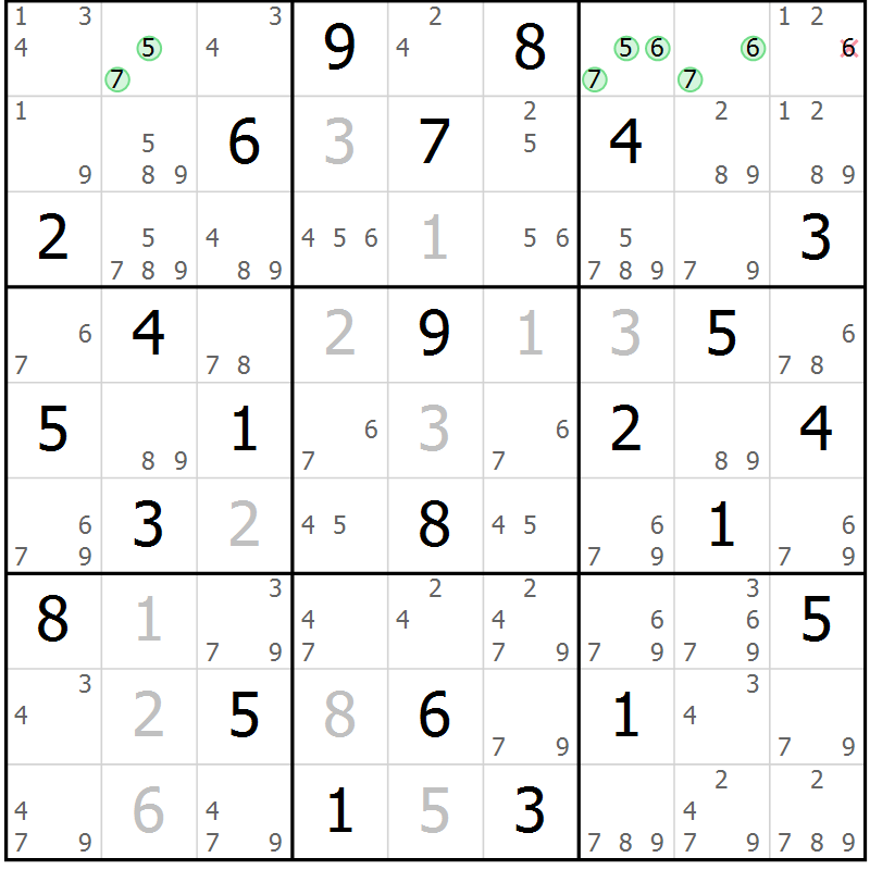 Position des candidats pour la solution de la Gr 52 page 55 du magazine de sudoku Suprême n° 034