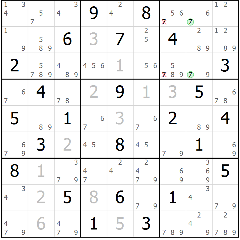 Position des candidats pour la solution de la Gr 52 page 55 du magazine de sudoku Suprême n° 034