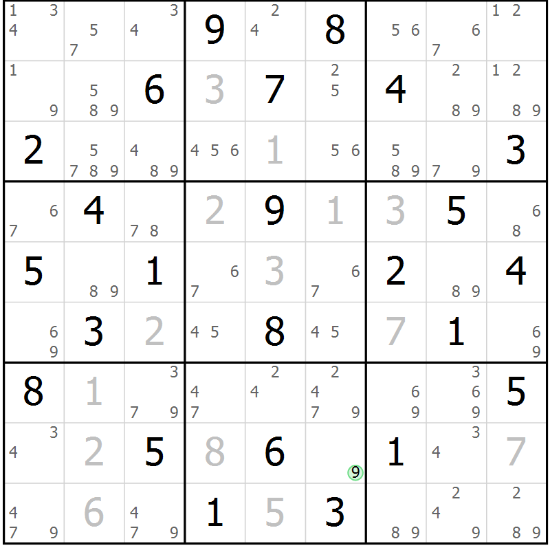 Position des candidats pour la solution de la Gr 52 page 55 du magazine de sudoku Suprême n° 034