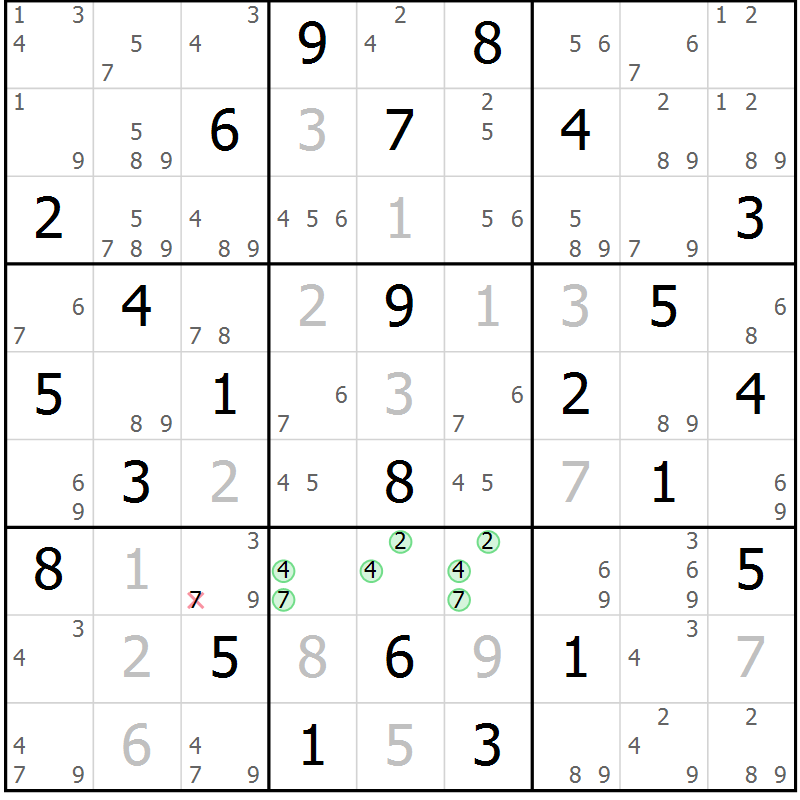 Position des candidats pour la solution de la Gr 52 page 55 du magazine de sudoku Suprême n° 034