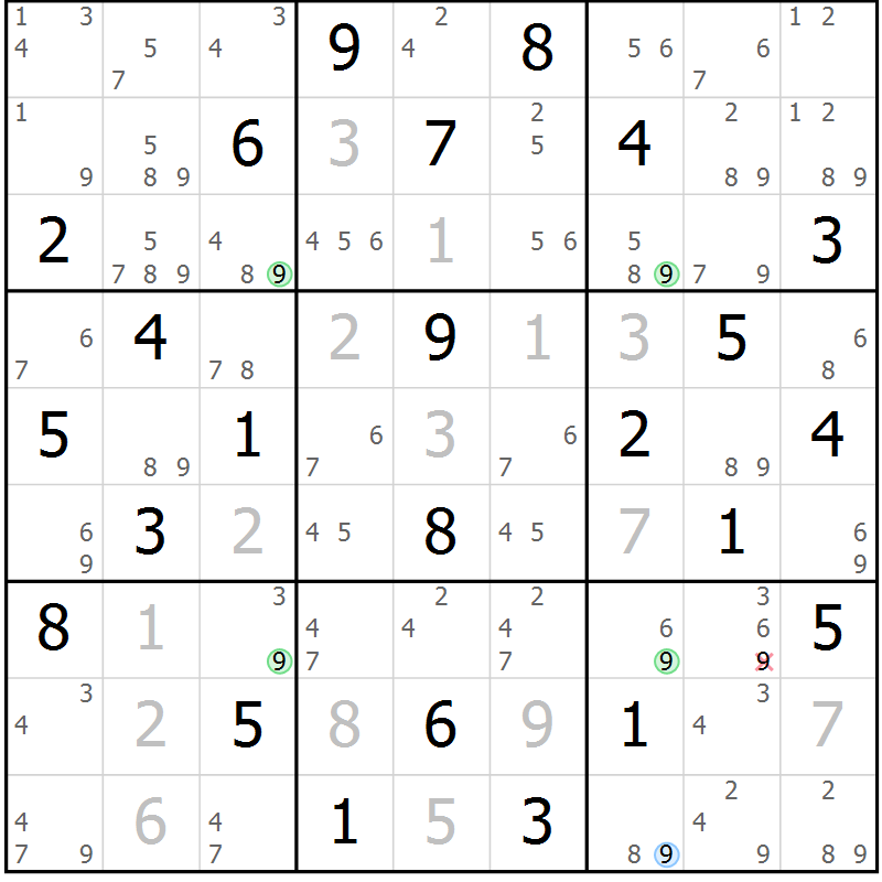 Position des candidats pour la solution de la Gr 52 page 55 du magazine de sudoku Suprême n° 034