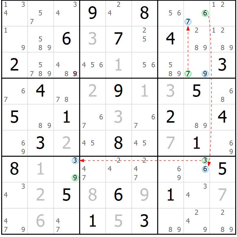 Position des candidats pour la solution de la Gr 52 page 55 du magazine de sudoku Suprême n° 034