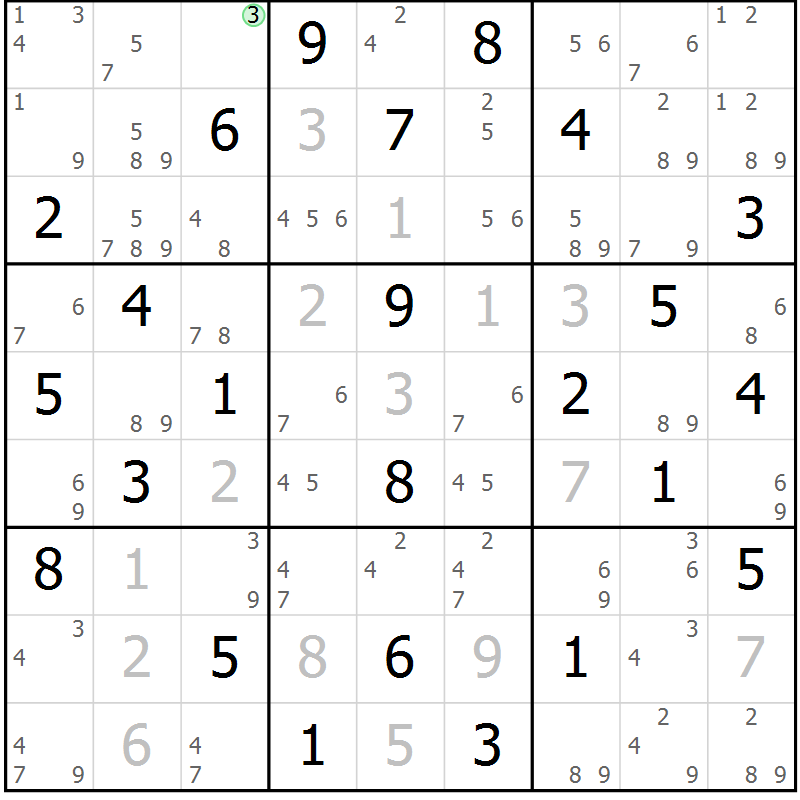 Position des candidats pour la solution de la Gr 52 page 55 du magazine de sudoku Suprême n° 034