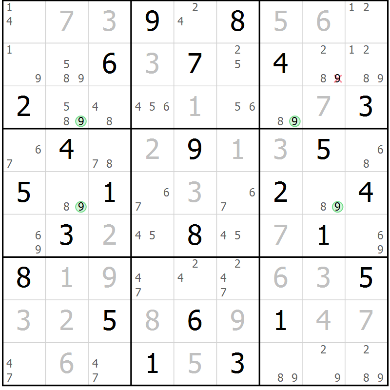 Position des candidats pour la solution de la Gr 52 page 55 du magazine de sudoku Suprême n° 034