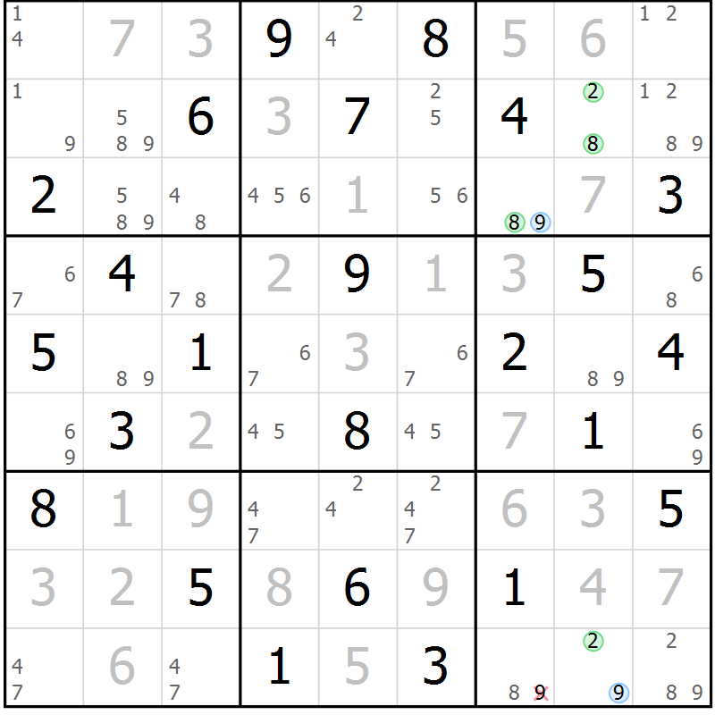 Position des candidats pour la solution de la Gr 52 page 55 du magazine de sudoku Suprême n° 034