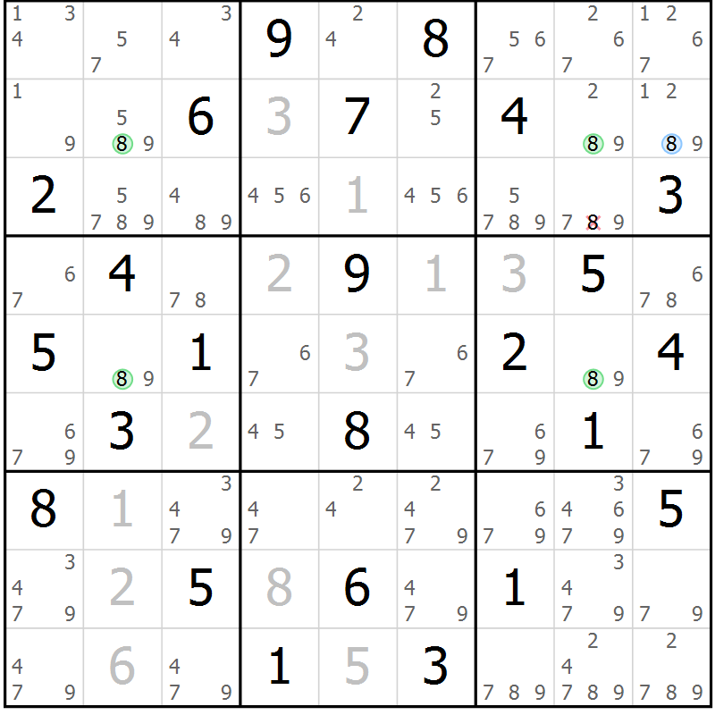Position des candidats pour la solution de la Gr 52 page 55 du magazine de sudoku Suprême n° 034