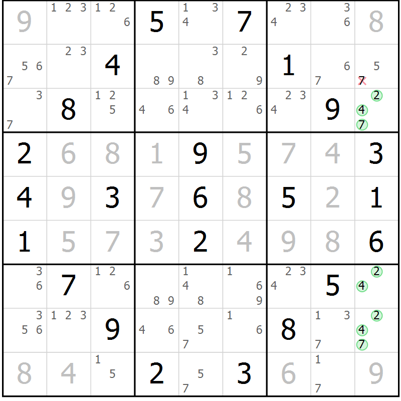 Position des candidats pour la solution de la Gr 53 page 56 du magazine de sudoku Suprême n° 034