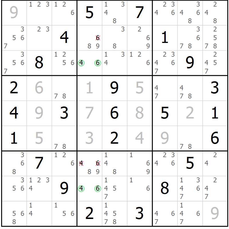Position des candidats pour la solution de la Gr 53 page 56 du magazine de sudoku Suprême n° 034